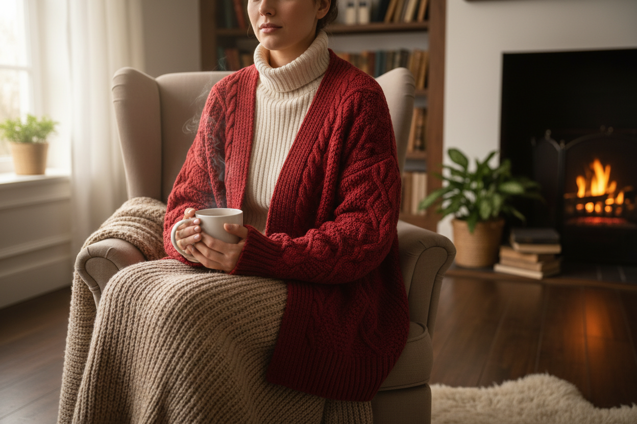 someone wearing a cotton cardigan sweater red